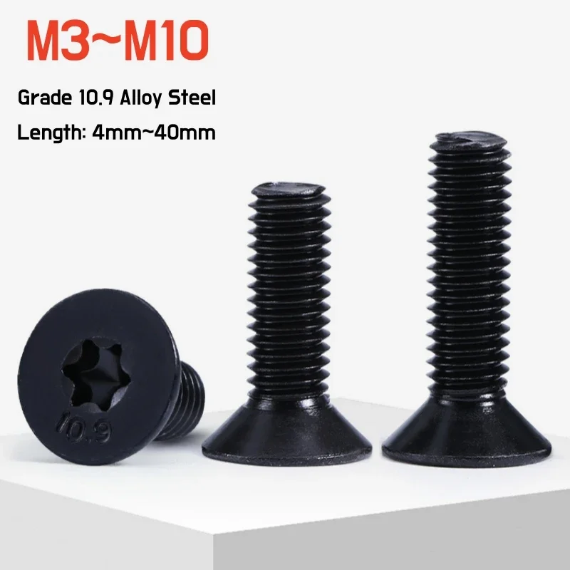 

2~50pcs M3 M4 M5 M6 M8 M10 Black Grade 10.9 Alloy Steel Six-Lobe Torx Head Flat Countersunk Screw Bolt Length 4~40mm