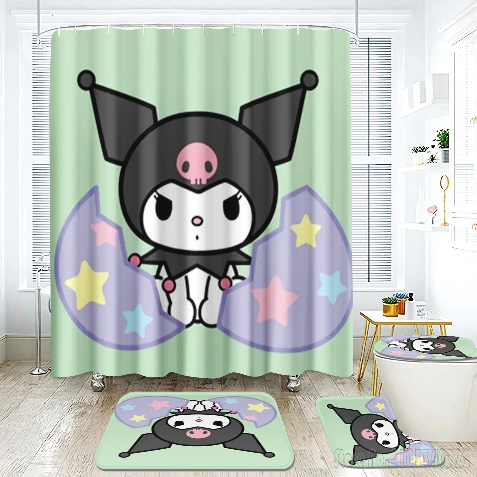 Sanrio Kuromi-シャワーカーテン,漫画の装飾,防水トイレマット,フック付き,4個