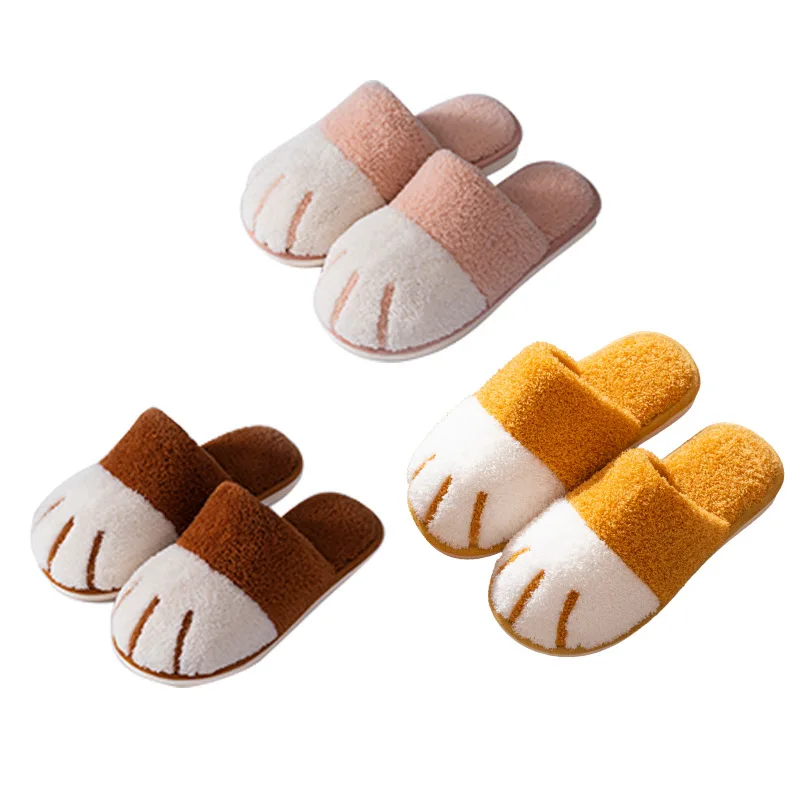 2021 Winter Indoor Ladies Home Slippers Cute Cartoon Cat Paw Men Women Lovers Furry Slides Plus Velvet Warm Soft Female Slippers