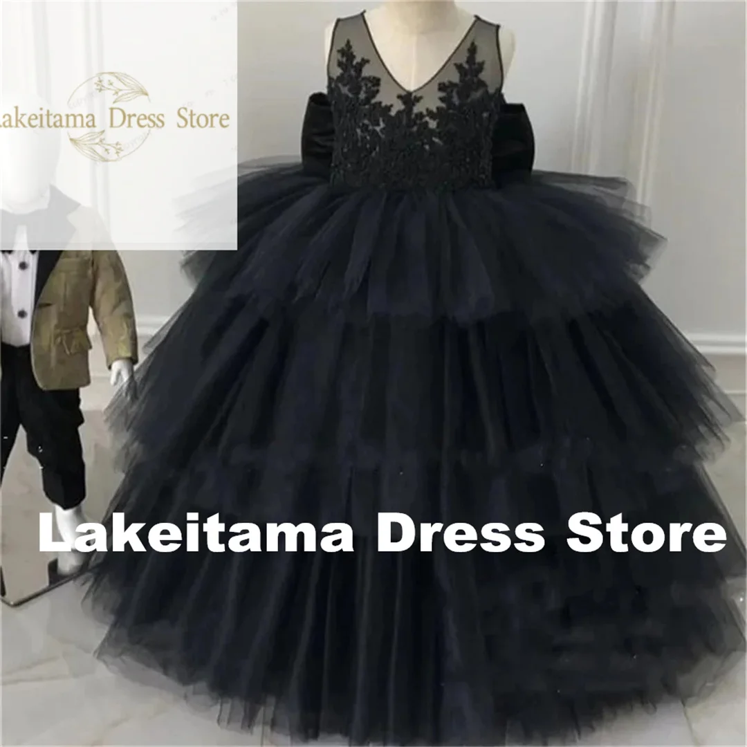 Customization Flower Girls Dress Elegant Black Black Tulle Party Bow For Wedding Children Birthday Gift Princess Lace First Comm