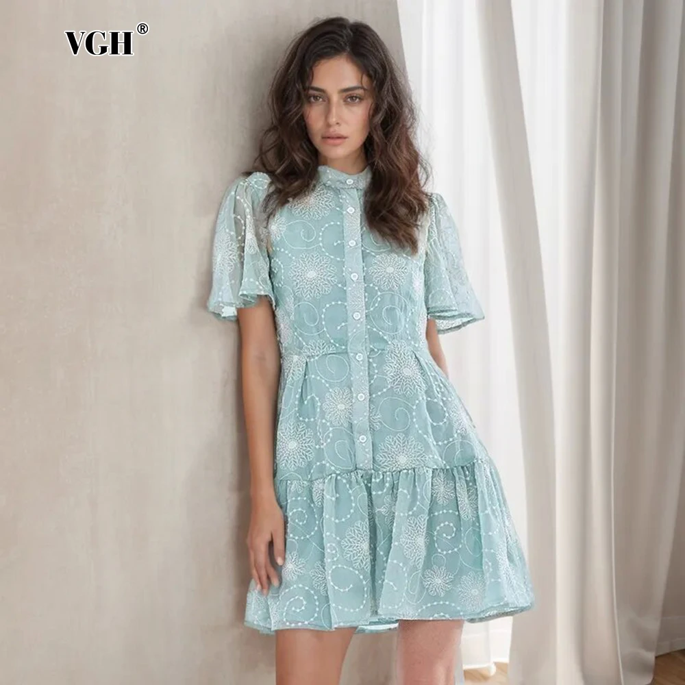 

VGH Printing Elegant Mini Dresses For Women Stand Collar Short Sleeve High Waist Patchwork Button Hit Color Mini Dress Female