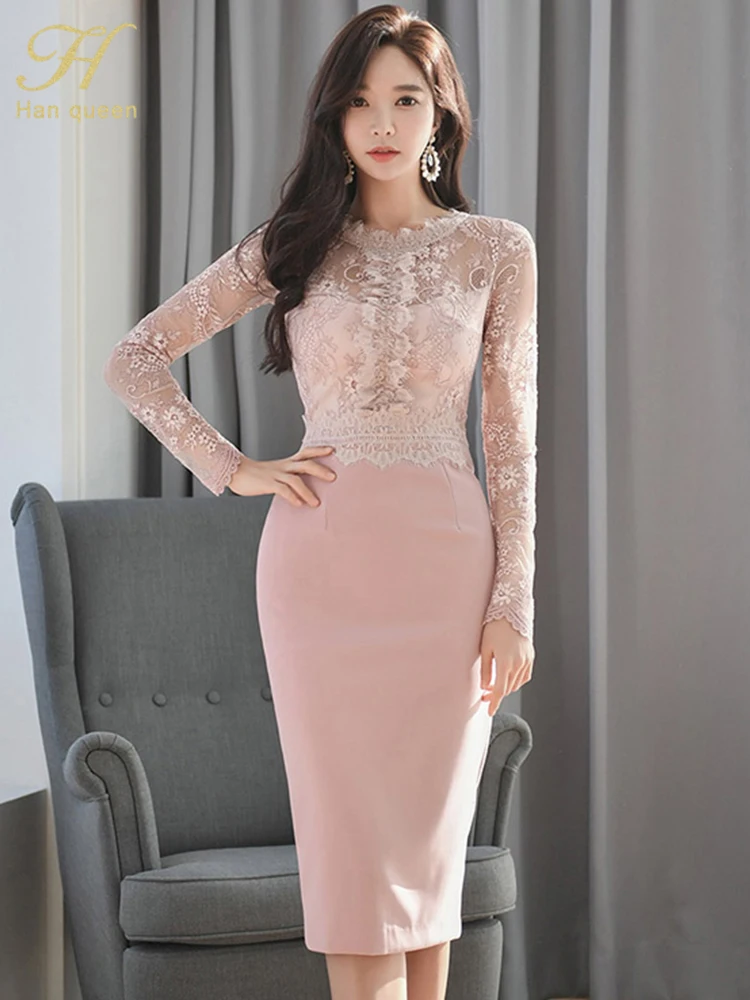 H Han Queen koreańska wiosna Retro koronkowe szwy Vestidos seksowna sukienka kobiety praca w biurze Bodycon płaszcza Casual sukienki ołówkowe