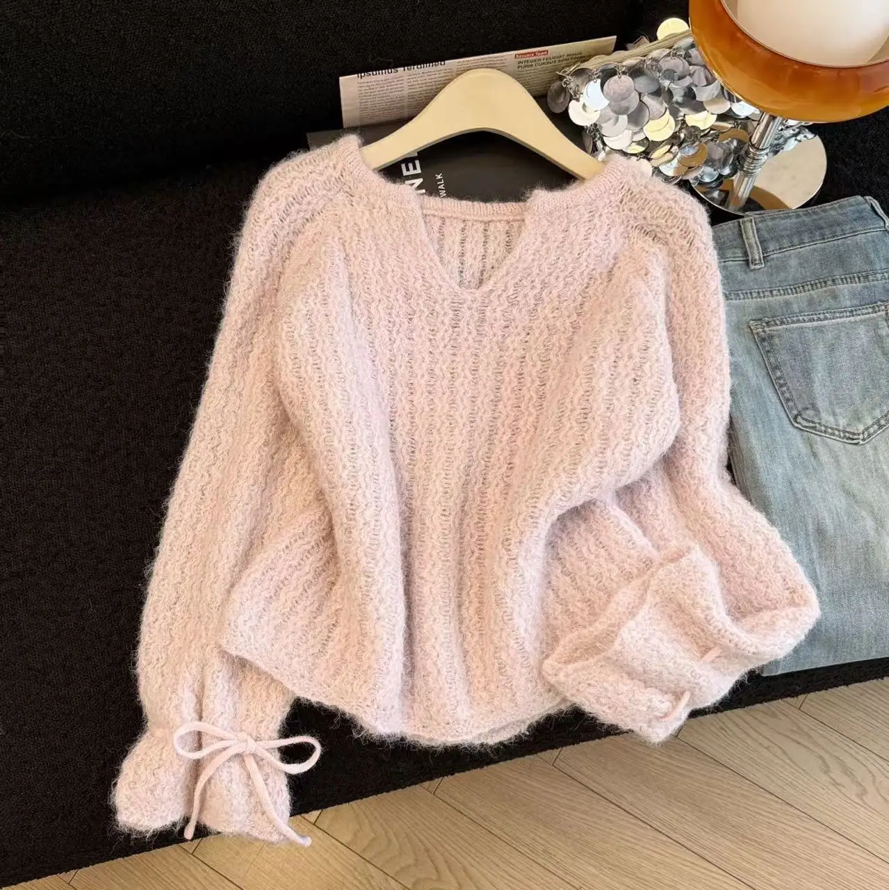 Vrouwen Roze Trui Koreaanse Stijl 2000s Vintage Lange Mouwen V-hals Gezellige Kasjmier Trui Voor Vrouwen Shoujo Kleding Lente