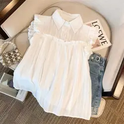 French Gentle Sleeveless Ruffle Edge White Shirt 2024 Summer New Doll Shirt Loose Covering Belly Top