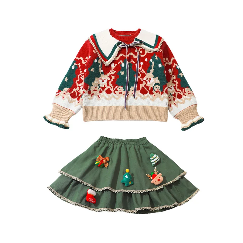 Mädchen Weihnachtspullover Rock Herbst Winter 2026 Neujahr Niedliche Studentin Prinzessin Süßer Strickpullover Rock Festival Geschenk