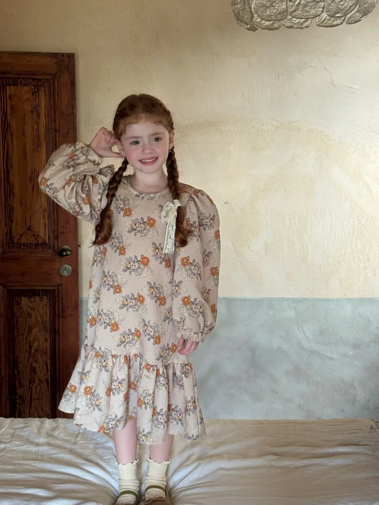 

2025 Autumn Girls Retro Large Floral Cotton Dress Baby Girls Bubble Sleeve Princess Dress Toddler Girl Clothes
