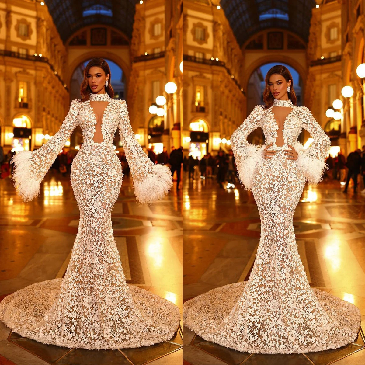 

Illusion Mermaid Wedding Dresses High Neck Deep V Neck Lace Appliques Bridal Gowns Custom Made Long Sleeve Feather Bride Dress