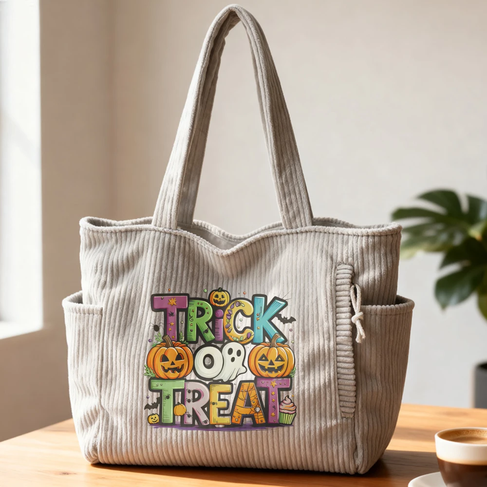 

Corduroy Tote Bag with Pockets, "Trick or Treat" Halloween Large Shoulder Bag, Gift for Kids & Adults, Spooky Season Handbag