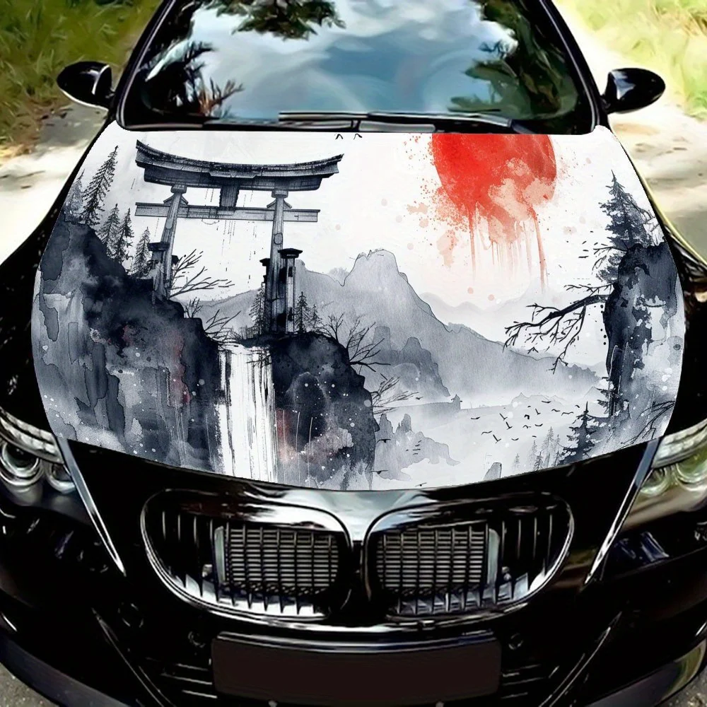 

Виниловая пленка для автомобиля с японским храмным водопадом и красным солнцем, водонепроницаемая наклейка на капот автомобиля из ПВХ, самоклеящиеся устойчивые к царапинам наклейки для