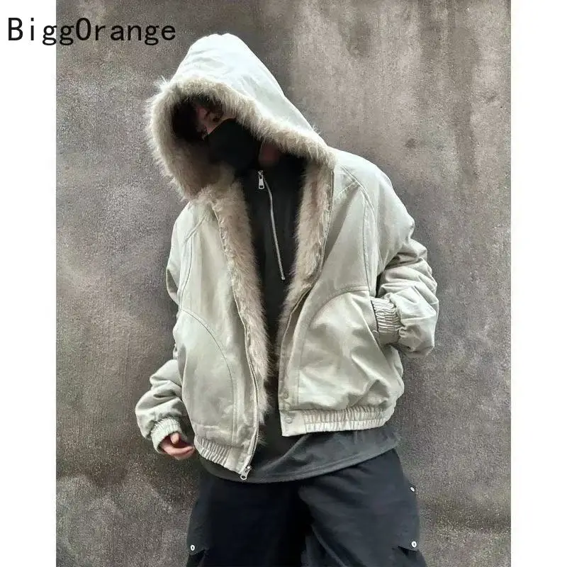 

Korean vintage warm hoodie jackets fashion simple fashion loose punk hip-hop style winter fur collar hoodies mens jacket