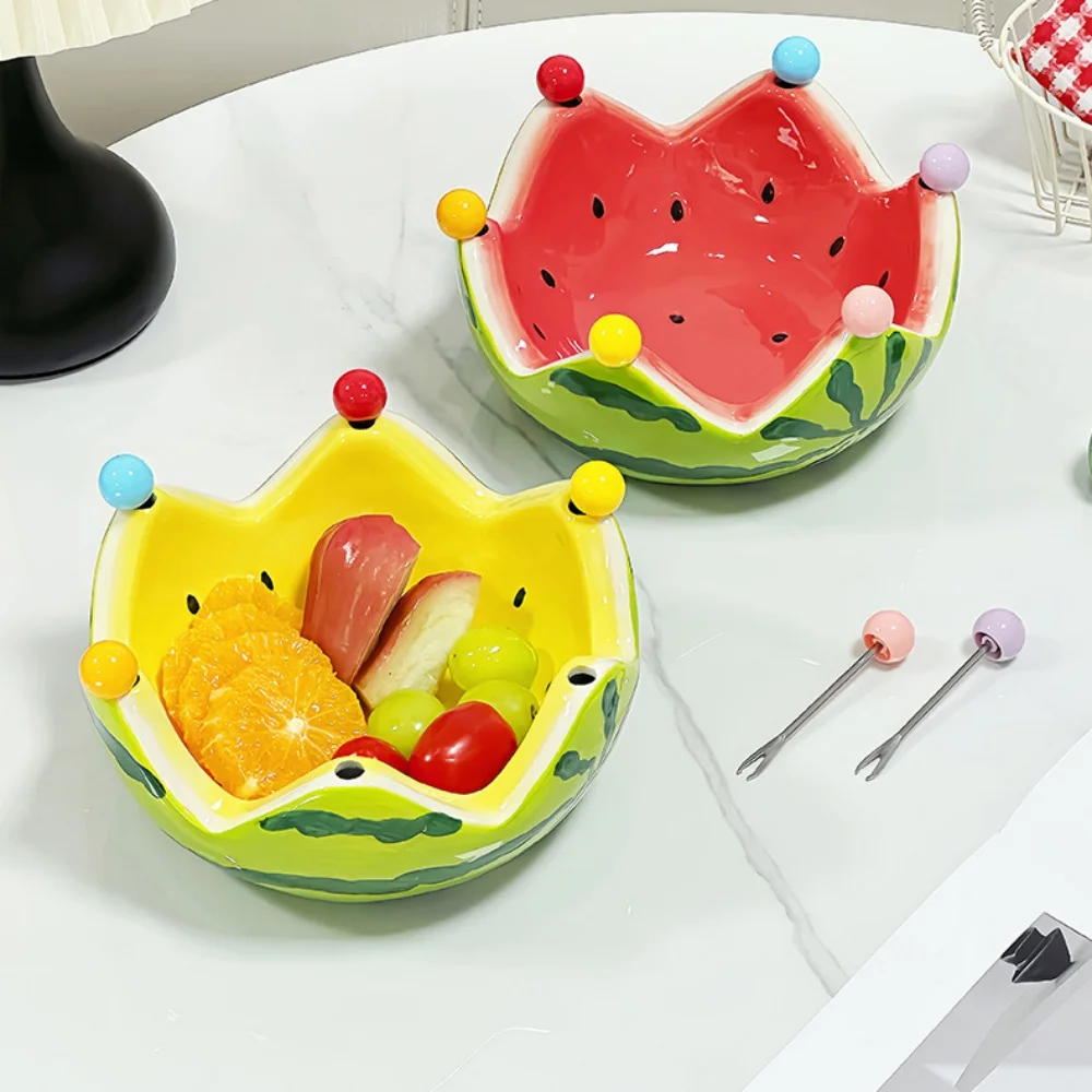 Watermelon Fruit Bowl With 6 Stainless Steel Forks Ceramic Salad Bowl Fruit Plate Large Funny Decorative