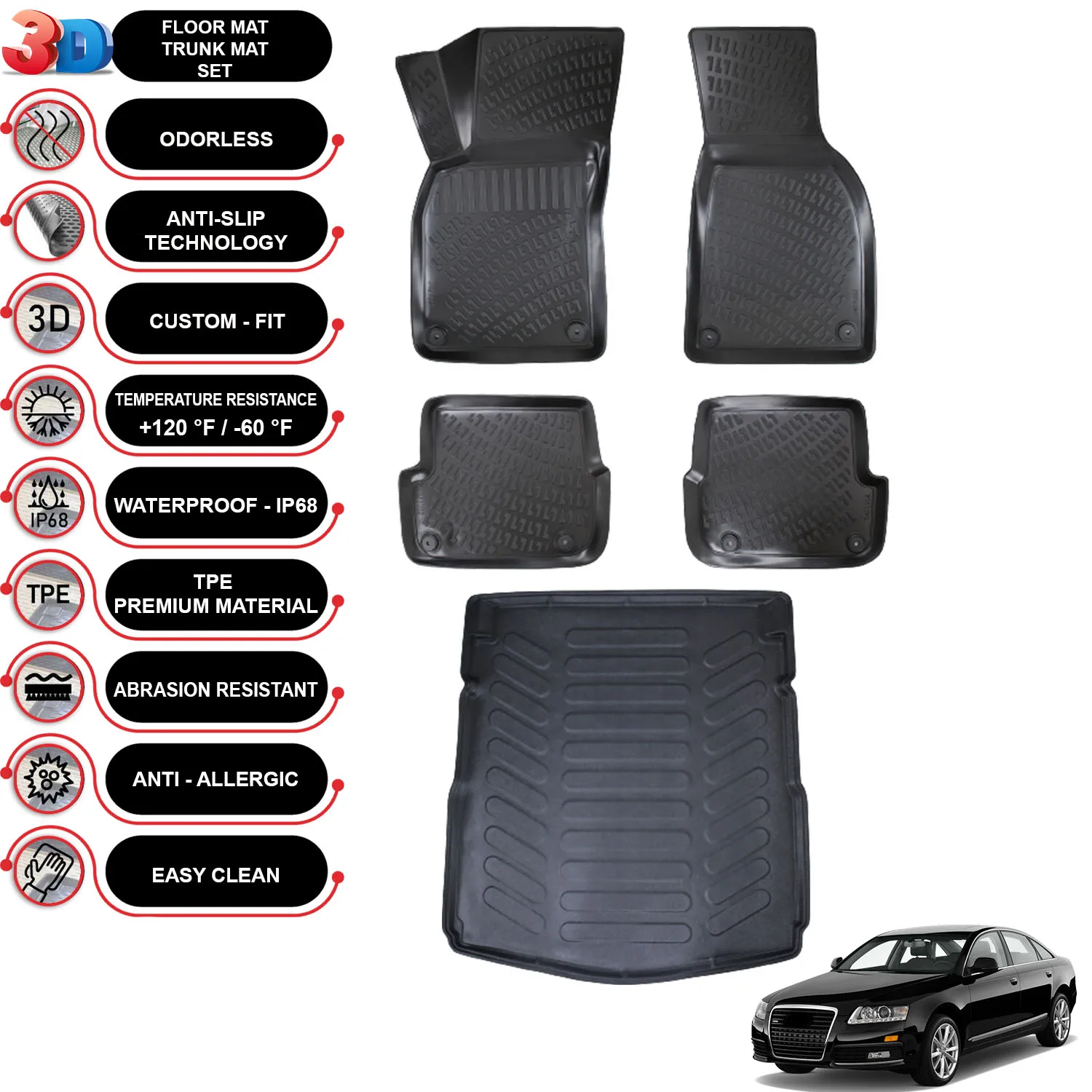 

Audi A6 C6 - (2004-2011) - Floor Mats + Cargo Trunk Liner - SET - (Black)