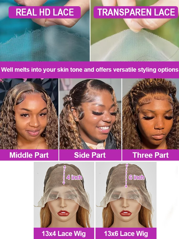 Highlight Wig Human Hair Ombre Colored Transparent Hd Lace Wig 13x6 Deep Wave Jerry Curly Lace Frontal Human Hair Wig Brazilian Swiss Full Lace 13x4 Water Wave Glueless Wigs Human Hair For Black Women image 8