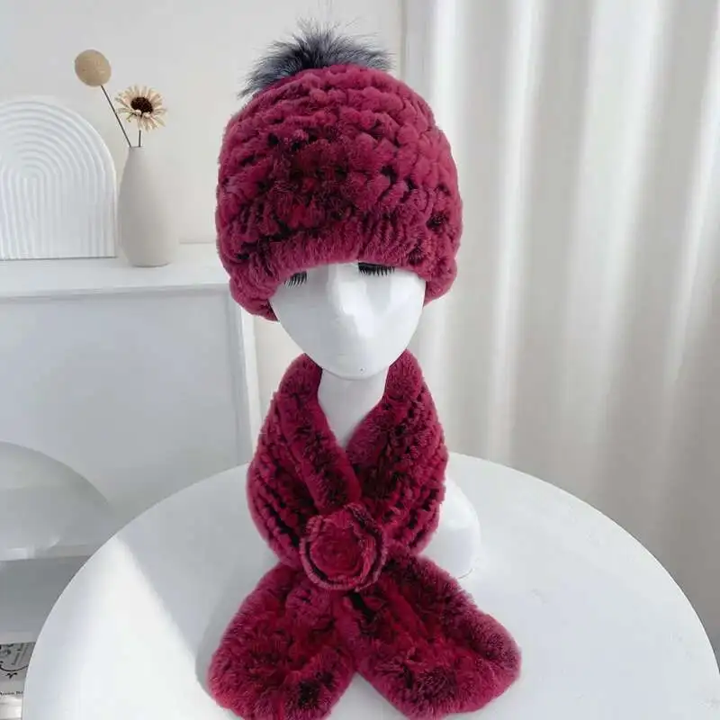 Real Rex Rabbit Fur Hat Scarf Sets For Women Winter Warmth Thickening Hat Fashion Elastic Fur Hat Natural Rabbit Fur Scarves