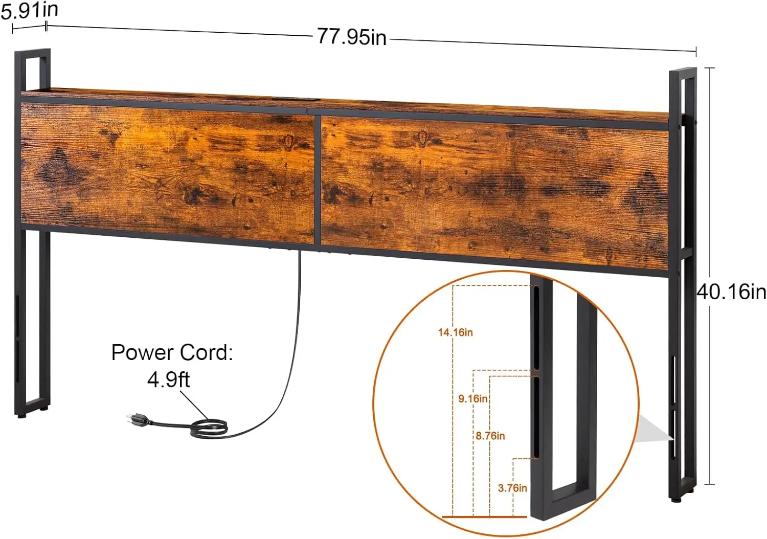 King Headboard Only with Charging Station, Wood Platform Headboard with Shelf, Adjustable Height, Easy Assembly, Rustic Brown HB