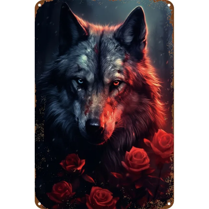 

Vintage Wolf & Red Roses Aluminum Wall Sign - Mystical Forest Scene Metal Plaque, Rustic Home Decor for Living Room, Bedroom