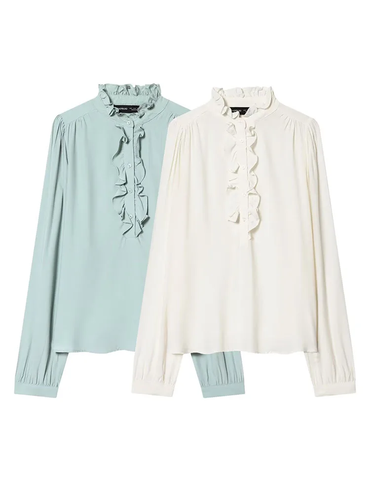 

HH Women's Spring New Fashion Solid Ruffle Collar Viscose Pullover Top Female Elegant Button Decoration Casual Long Sleeve Shirt