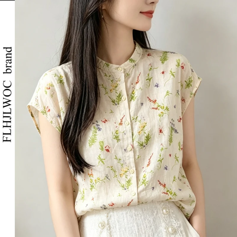 Loose Cotton Tops Blouses New Woman Cute Girls Elegant Casual Stand Mandarin Collar Retro Vintage Floral Printing Basics Shirts