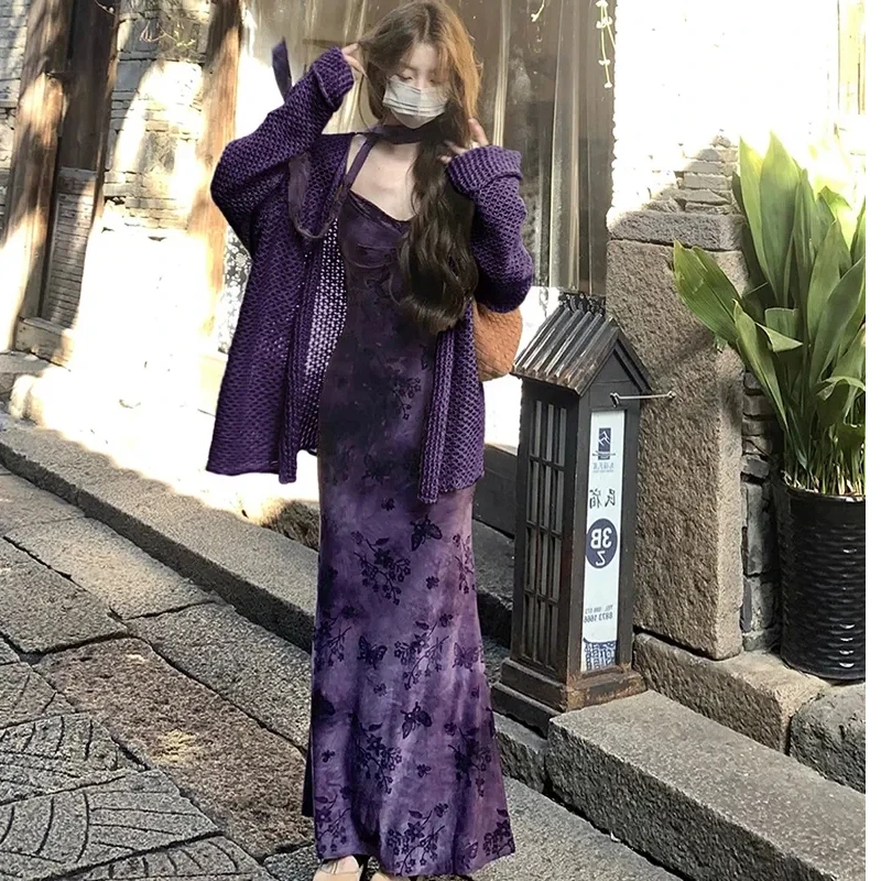 

Винтажный шикарный костюм в стиле Майяра, верхнее пальто, платье на бретелях, весна-осень, элегантный модный комплект с юбкой