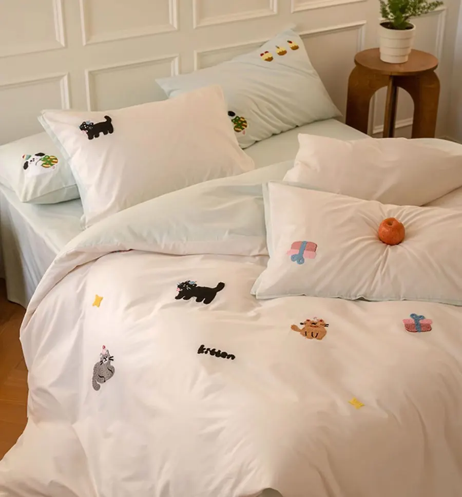 Cute embroidery cat bedding set 1.2 1.5 1.8 2.0 teen,twin full queen king cotton home textile bed sheet pillow case quilt cover