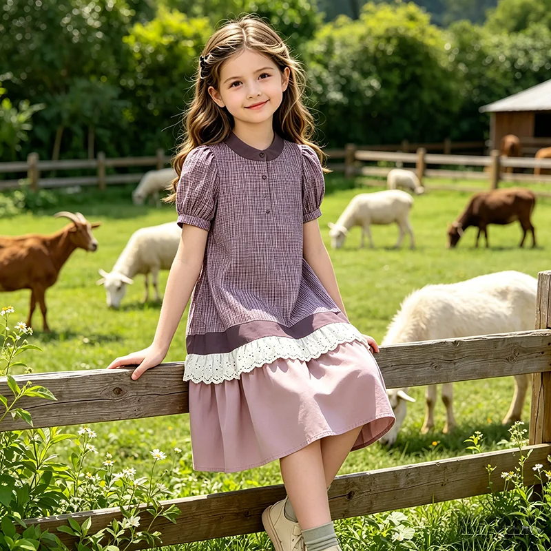 Girls Cottagecore Dress Vintage Pink Purple Tiered Dress With Embroidery Lace Trim Puff Sleeve Kids Outfit Summer For Girl 2026