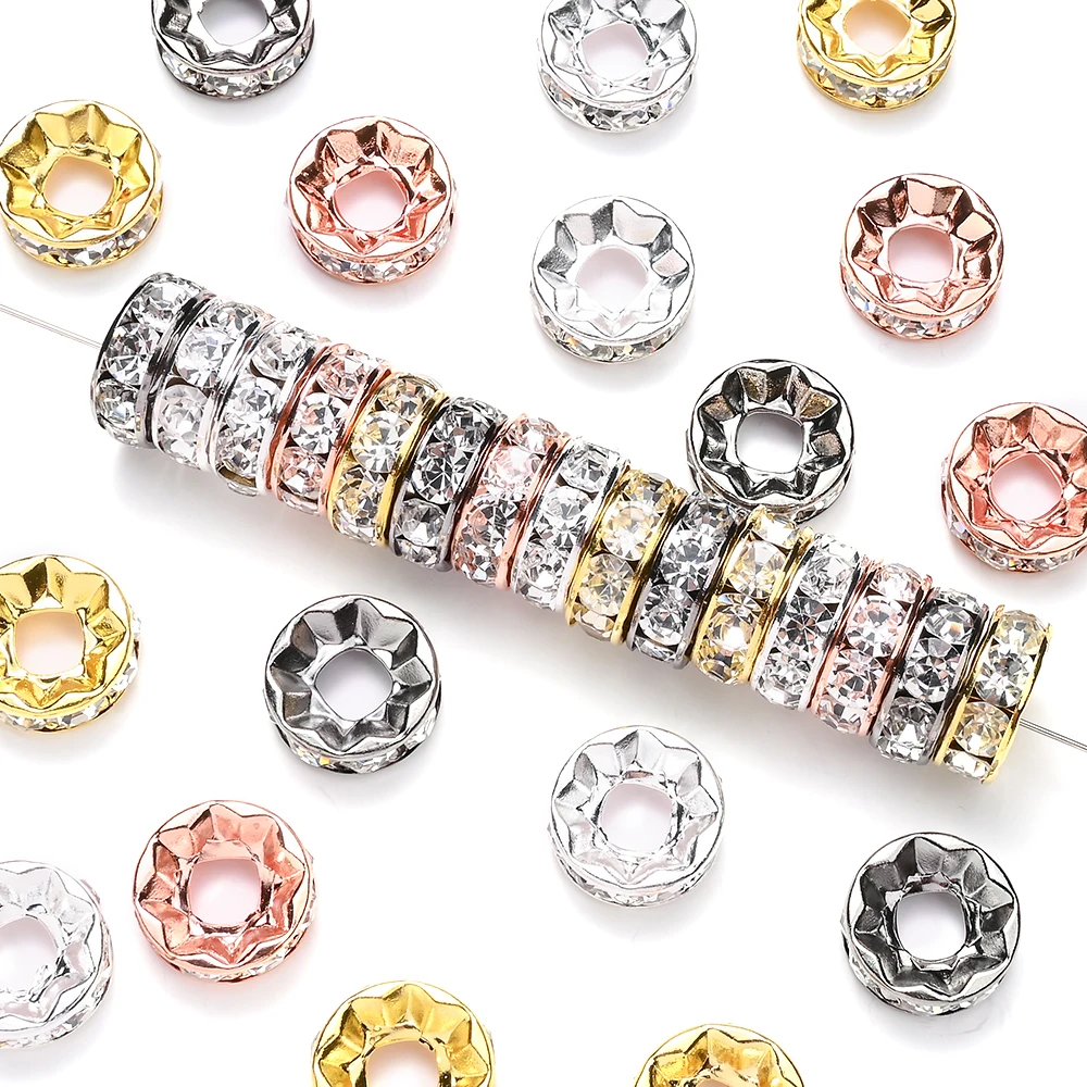 10 Stück 15mm Funkelnde Strass-Rondell-Abstandsperlen Metall-Design Kristall Lose Perlen für DIY-Bastelarbeiten, Perlenstifte, Schmuckherstellung – Detail 3