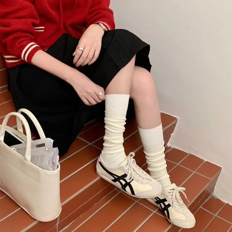 

Korean Style Micro Pressure Slimming Gray Vertical Striped Double Needle Calf Socks Handmade Stitched Top Milk White Long Tube S
