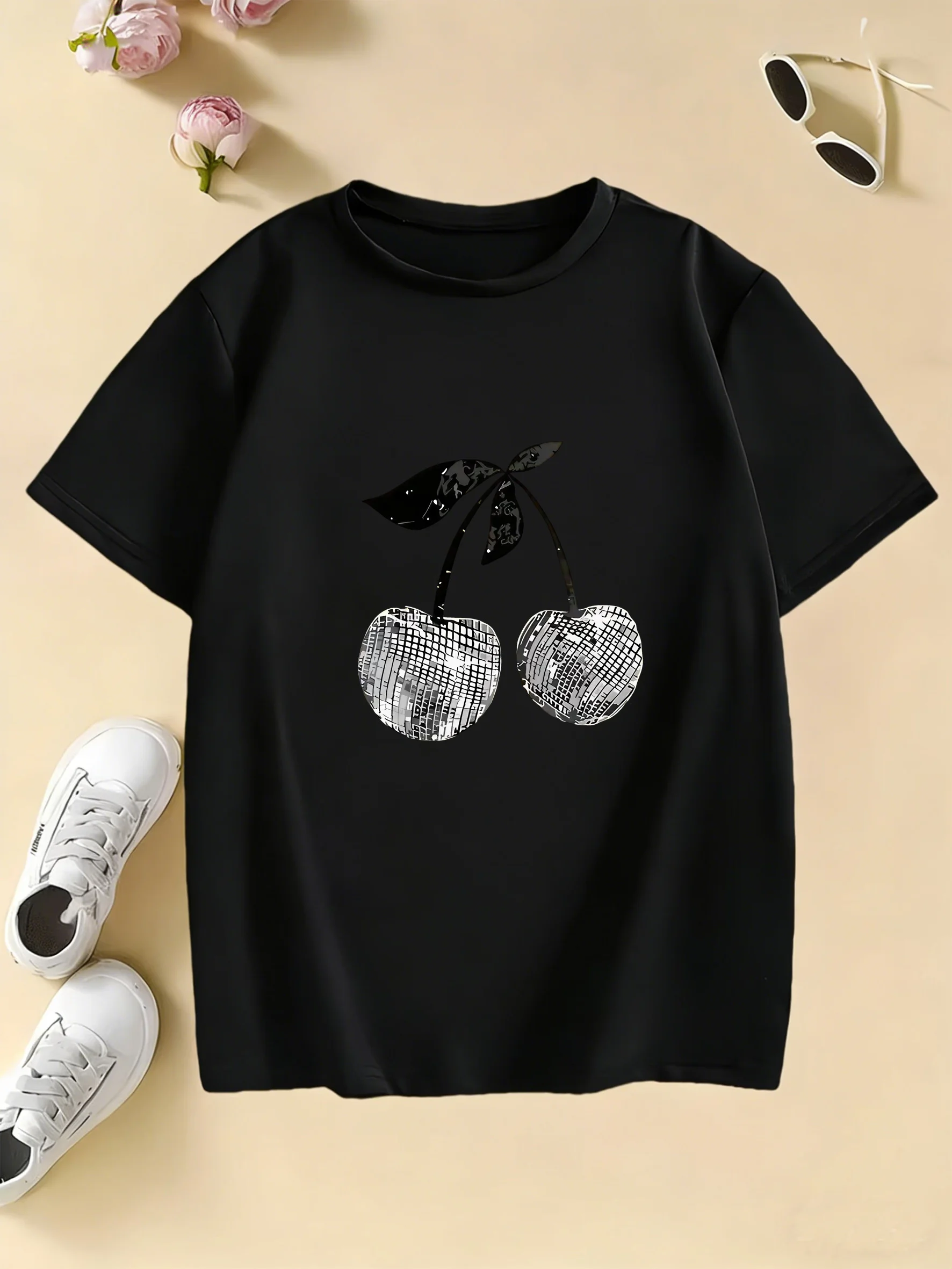 Girls' Stylish Cherry T Shirts Short Sleeve Kids Children's Summer Fashion T-shirt Girls Summer Spring Casual Top Tee Shirt