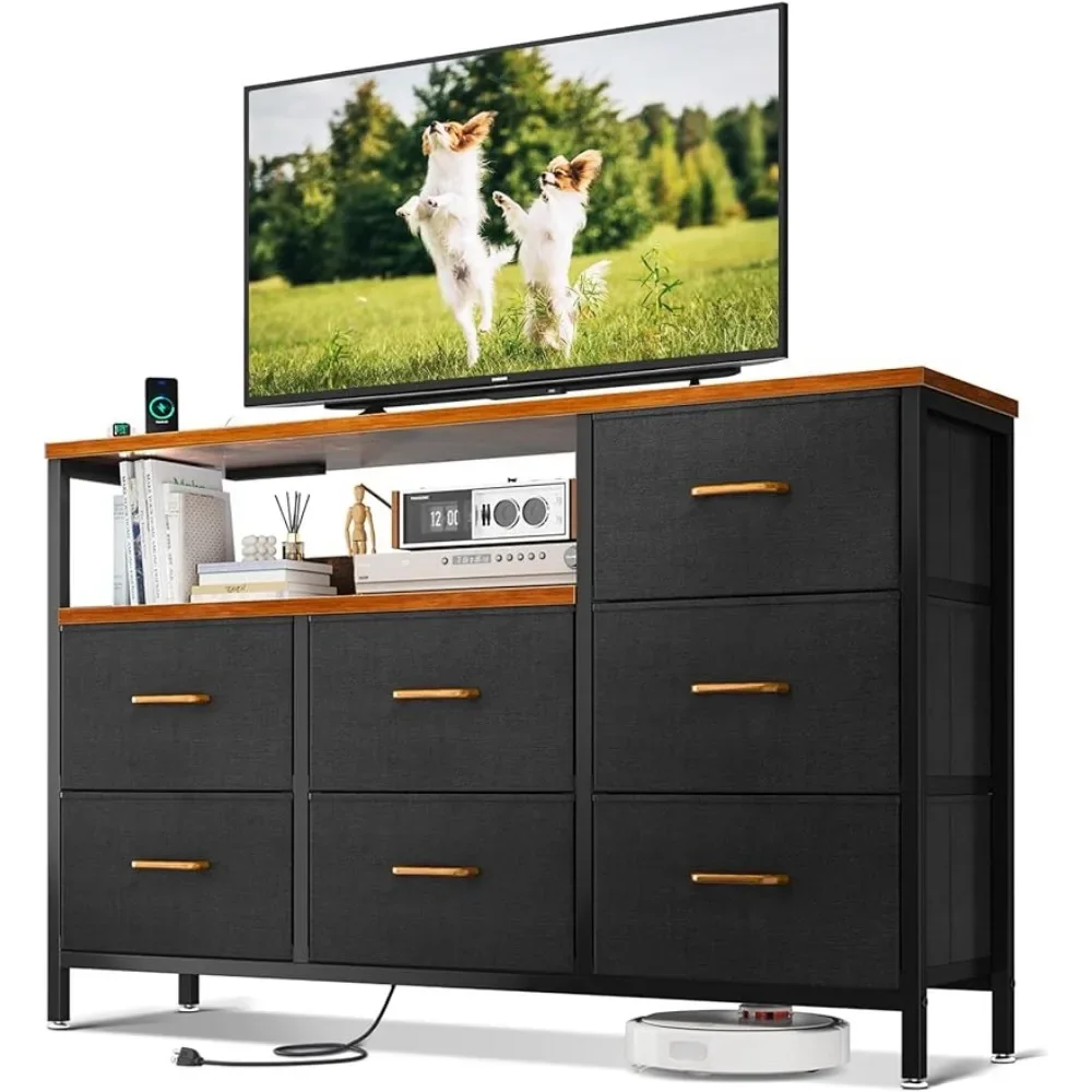 

TV Stand with Charging Station, Wide TVs Stands Open Shelf, 7 Large Storage Drawers for Living Room, Vintage TV Cabinet
