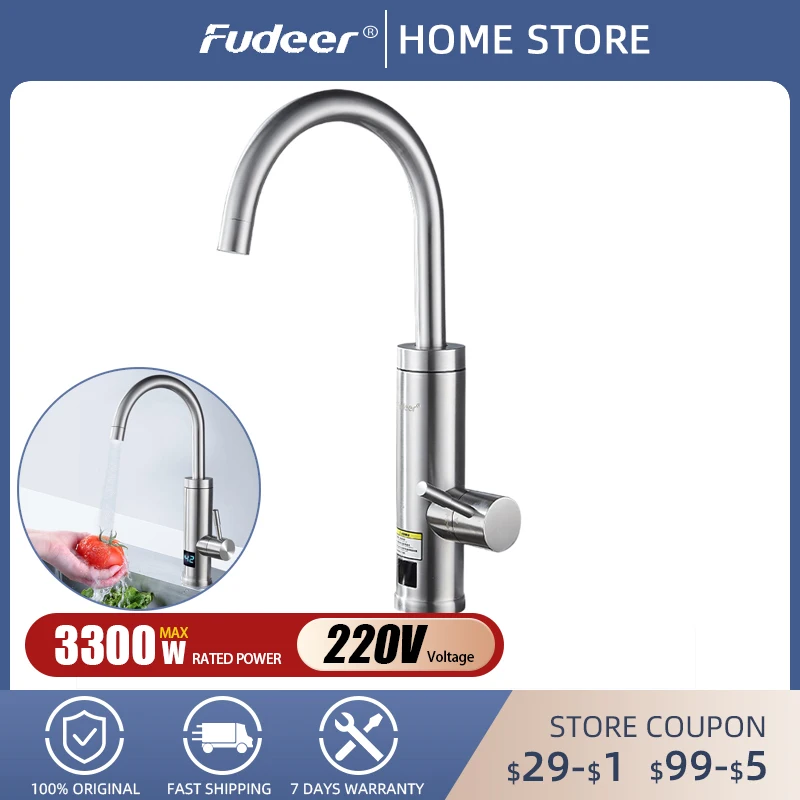 

Fudeer Electric Water Heater 220V 3400W Kitchen Tankless Instant Hot Water Tap for Home Bathroom Boiler Stainless Steel Shell