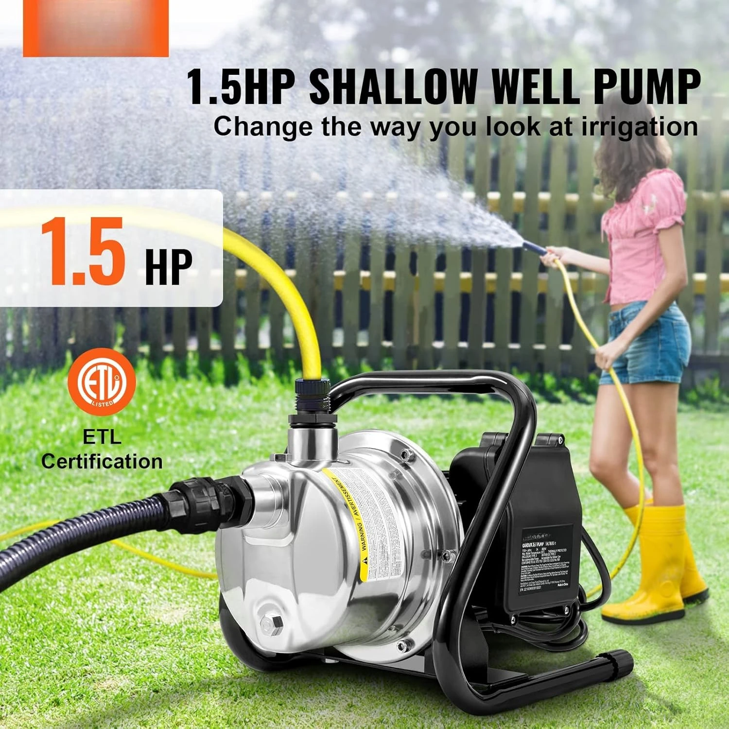 

1.5 HP Portable Shallow Well Pump, 1200 GPH Garden Jet Pump, 115V, 164 ft Height, Stainless Steel Sprinkler Booster Pumps