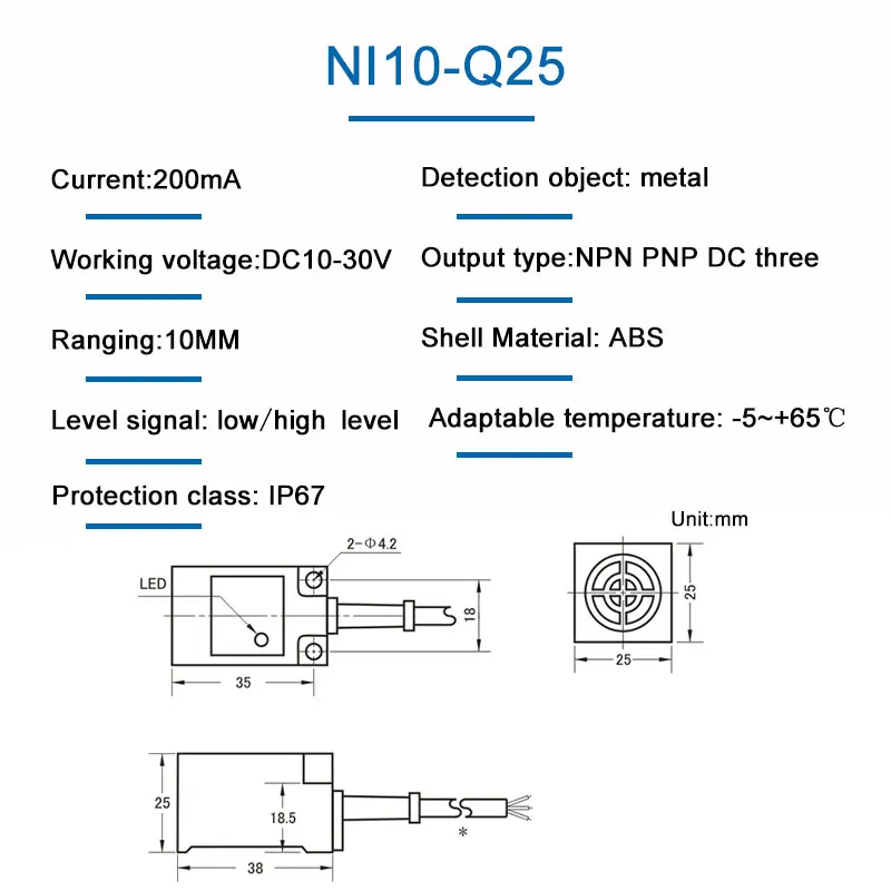 Inductive Square Proximity Switch Metal Sensor NI10-Q25 Sensing Distance 10mm DC Three-wire NPN/PNP,NO/NC,DC6-36V