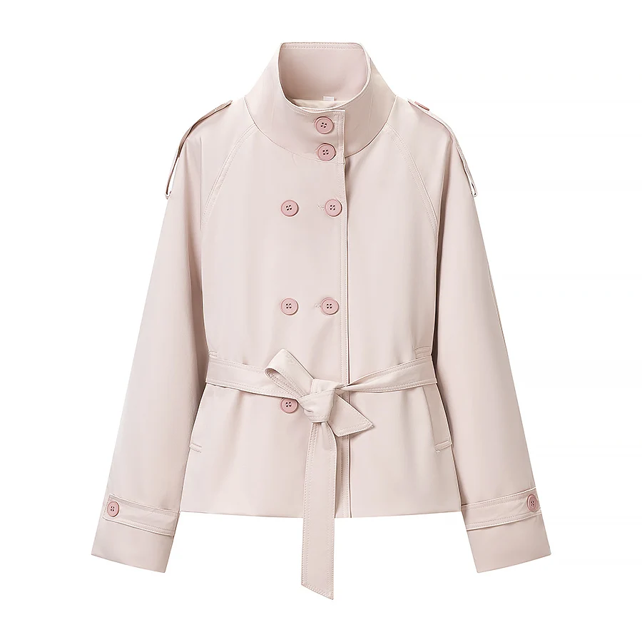 Lässige Rosa Doppelreihige Jacke für Damen, Schicker Stehkragen, Lange Ärmel, Taillengürtel, Frühjahrs-Mantel für Täglichen Arbeitsweg und Streetwear – Detail 2