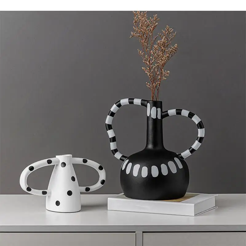 ceramic vase Black and white wave dot spots abstract irregular crafts handle Flower Home Decoration