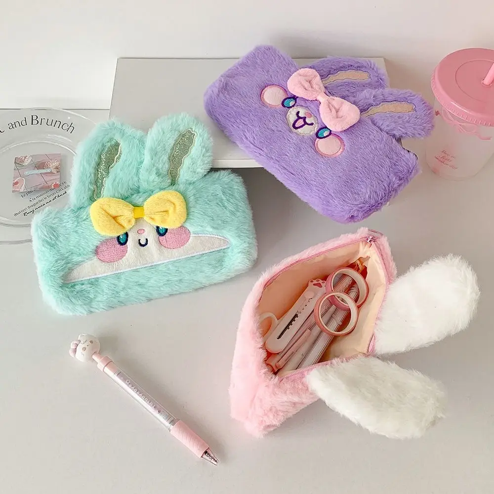 Simple Plush Pen Bag Rabbit Shape Zipper Design Pencil Case Large Capacity Stationery Organizer Gift