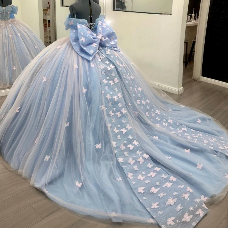 스카이 블루 Quinceanera 드레스 오프 숄더 볼 가운 스위트 16 드레스 구슬 활 Tull 생일 파티 Vestidos 15 De Anos