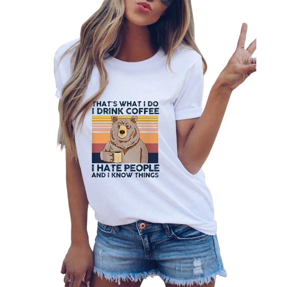 

YRYT New women's DRINK COFFEE Bear Fun print loose short sleeve T-shirt Женские футболки.