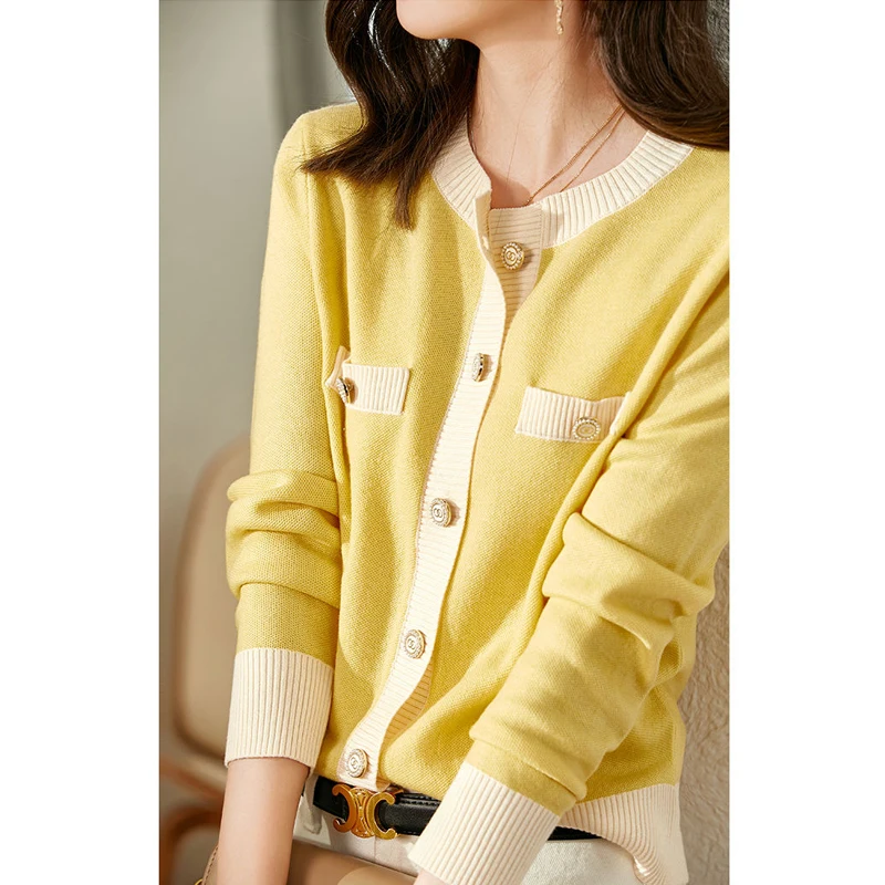 Korean Style Elegant Chic Sweet Contrast Color Buttons Knitted Cardigan Women Casual Simple Slim Long Sleeve Sweater Coat Jumper