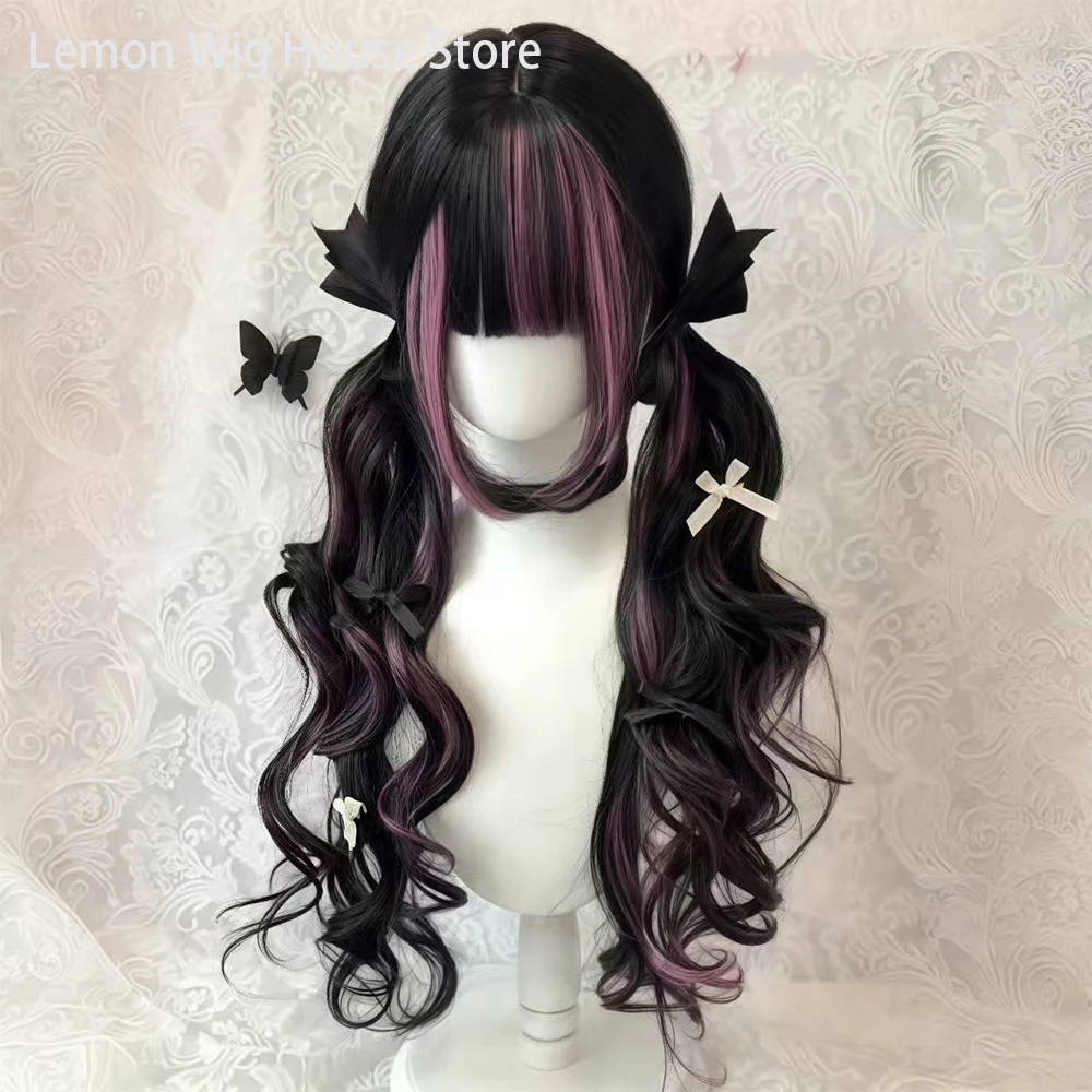

Black Wig with Pink Cosplay Wigs with Bangs Lolita Long Curly Hair Wig Woman Party Cosplay Wig Natural Heat Resistant