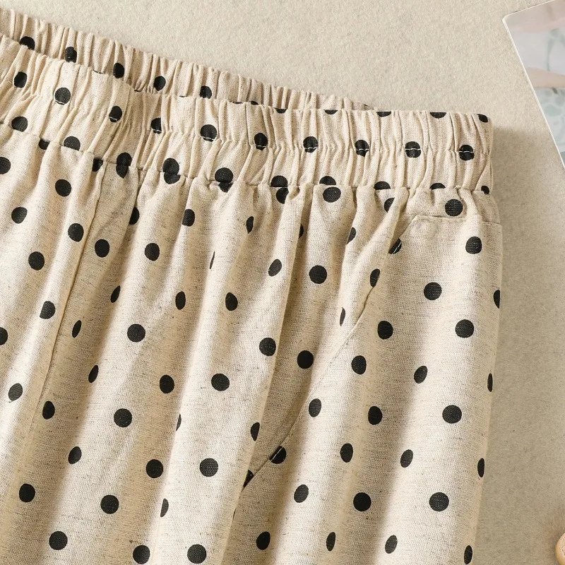 ฤดูร้อนใหม่วินเทจผ้าฝ้ายลินินกางเกงขากว้างผู้หญิงเกาหลีแฟชั่นลายจุดเอวยางยืดตรงข้อเท้ายาวกางเกง
