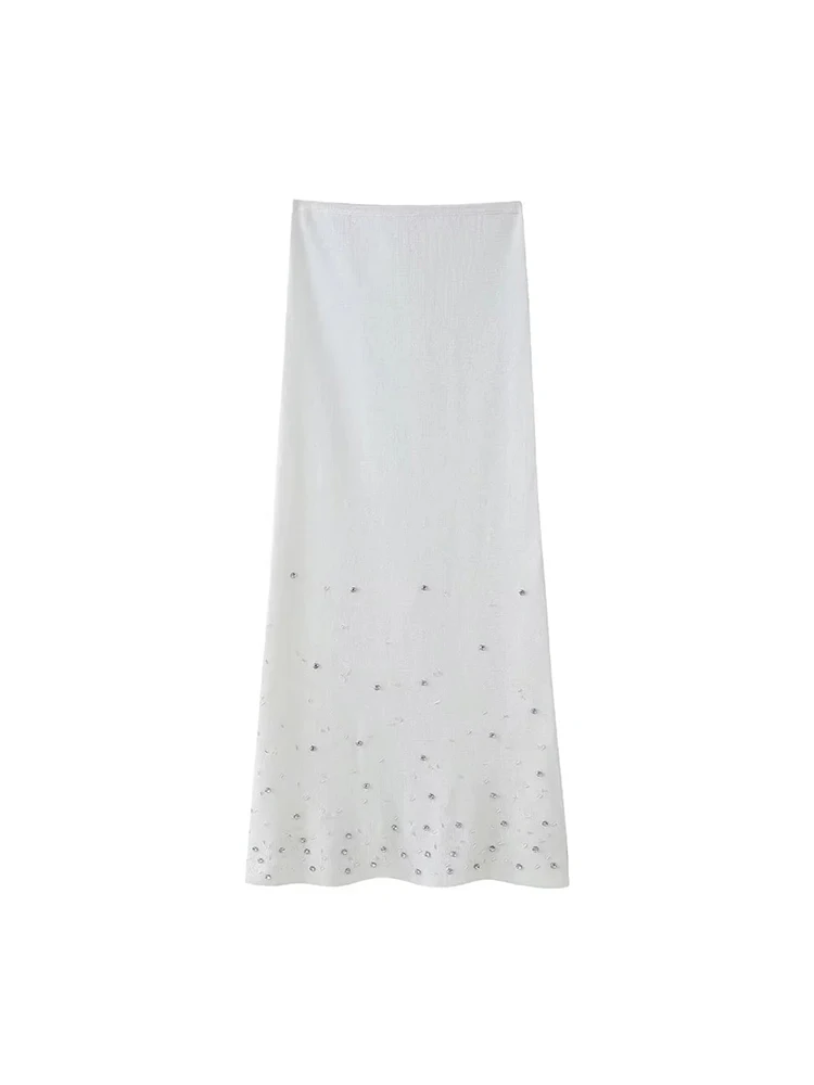 

Women‘s 2024 Summer Casual High Waist White Knitted Long Skirts Female Back Slit Jewelry Decoration Elastic Fashion Thin Skirt