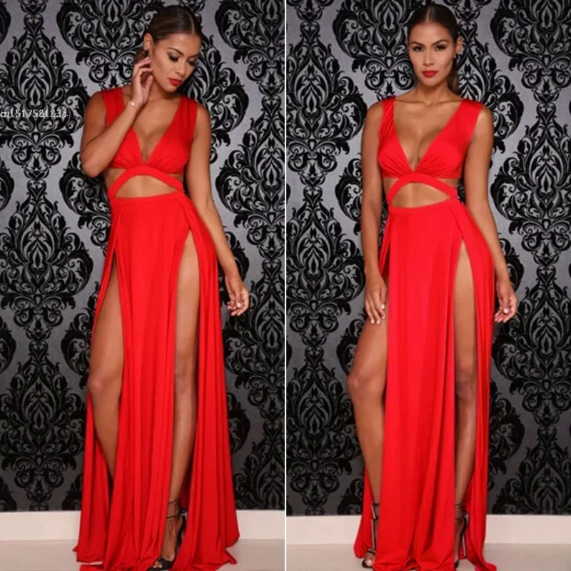 Coslan 2022 Women Sexy Sleeveless V-neck High Slit Hollow Out Bodycon Bandage Dress for NightClub Party Long Wrap Maxi Dress Ves