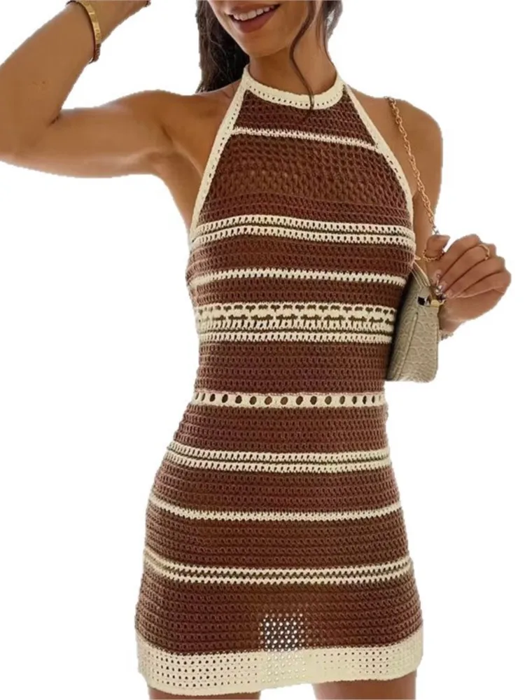 Robe de plage en tricot pour femmes, Sexy, ajourée, col rond, sans manches, Cover-Up pour Bikini, robe de vacances, été, 2026