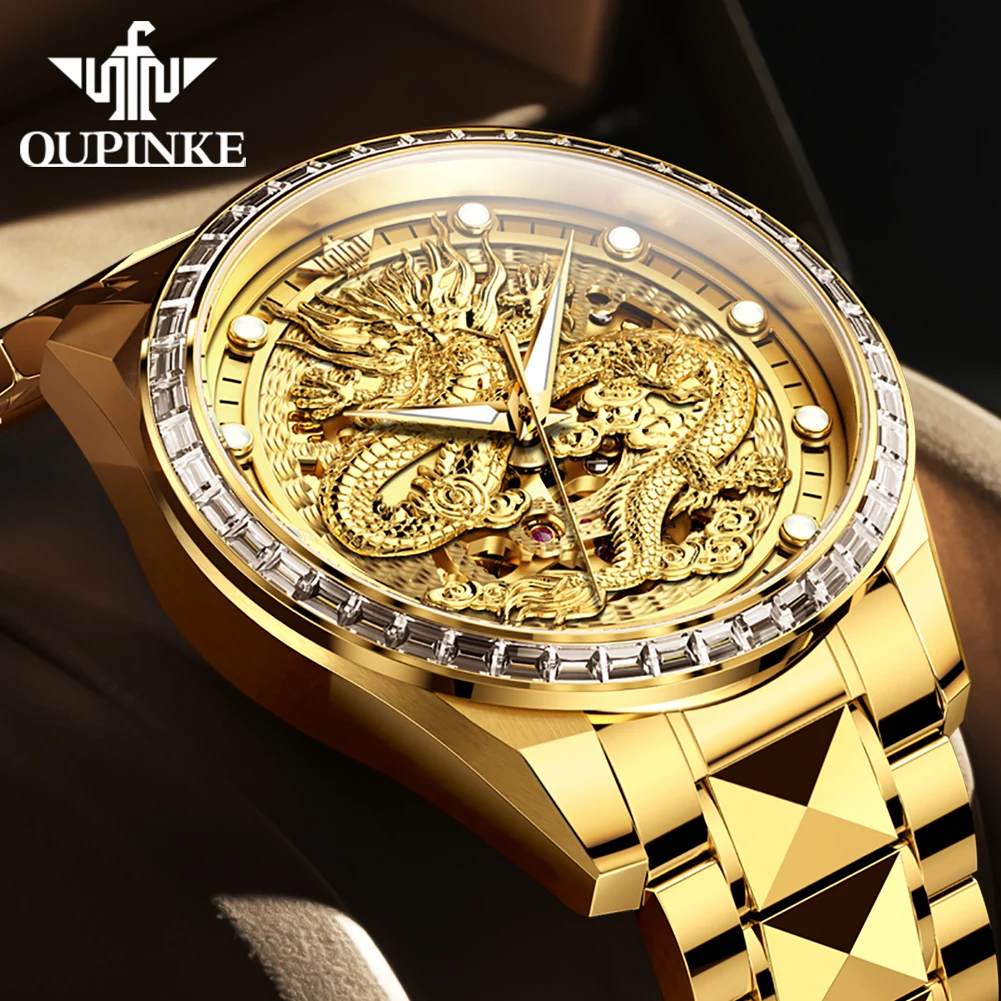 OUPINKE High-End Men\'s Watches Waterproof Tungsten Steel Gold Automatic Mechanical Wristwatch Luminous Luxury Dragon Watch