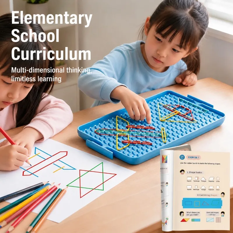 Geoboard Math Manipulatives Set for Elementary Students, Double-Sided Geometry Learning Board with Rubber Bands, Teaching Aid