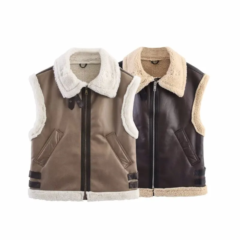

Artificial Fur PU Spliced Waistcoat Women Fashion Sleeveless Vest Coat Lady Streetwear Zipper Tops Locomotive Style
