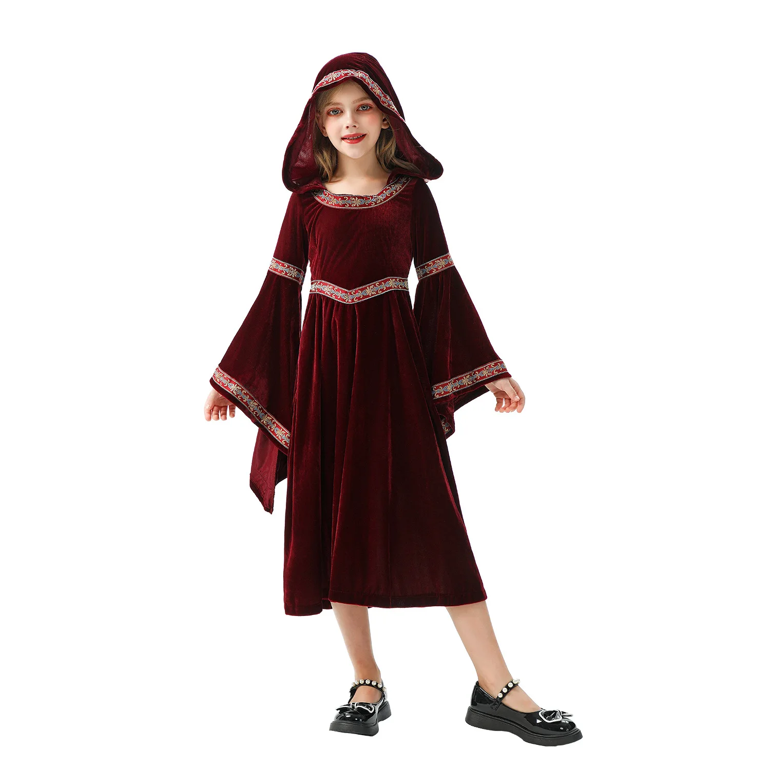 أزياء الهالوين للأطفال أزياء المحكمة العتيقة للأطفال أزياء تنكرية للساحرة ذات الرداء الأحمر للفتيات في القرون الوسطى وعصر النهضة