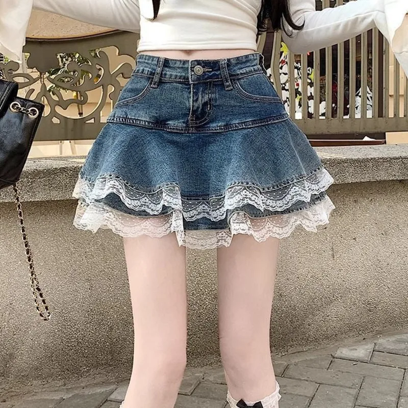 

Ruffle Pleated Shorts Skirts Women 2025 Summer High Waist Lace Min Short Jeans Skirts Cute Sexy A Line Y2K Denim Skirt