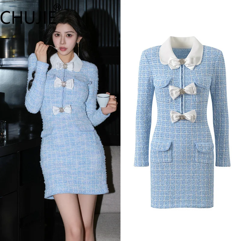 

CHUJIE Women's Dress 2025 Spring/Summer New French Style Small Fragrance Bow Doll Collar Fashionable And Elegant Blue Dress