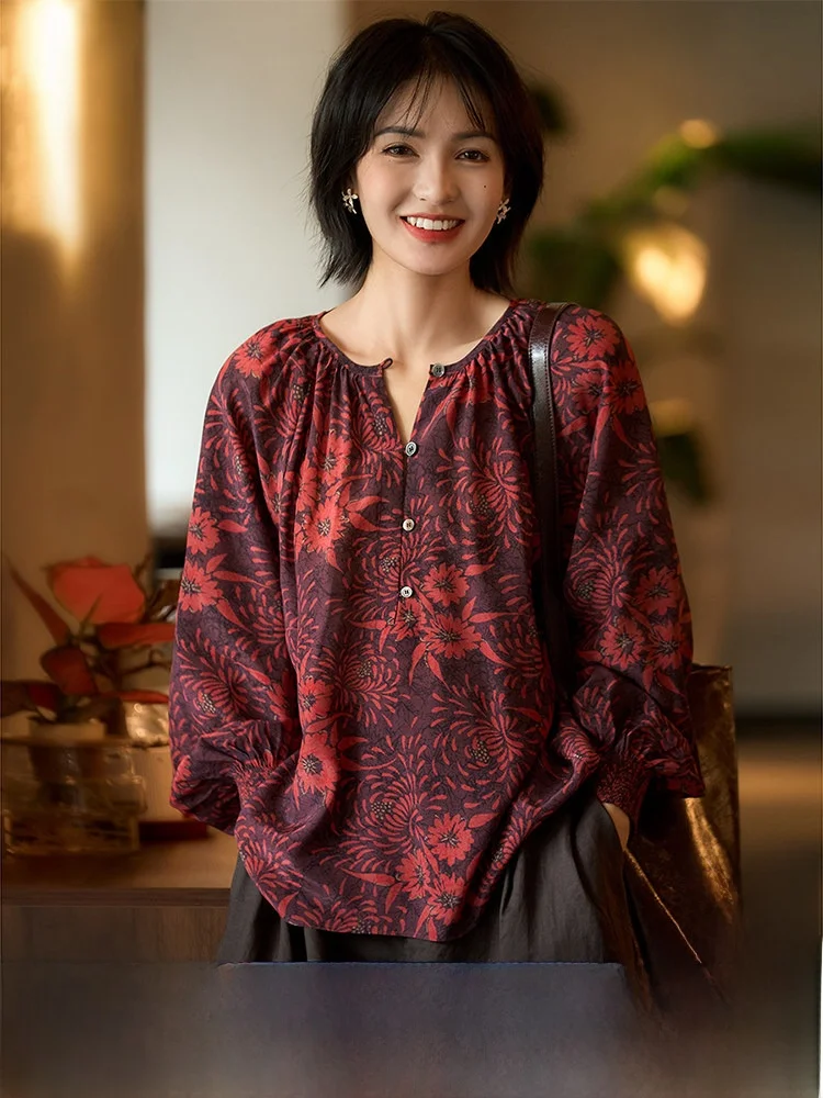 

Женская блузка Xiao Han Ge Red adow Fraant Sand с цифровой печатью, из двойной марлевки, шелковая, свободного кроя, с длинными рукавами, в стиле OL